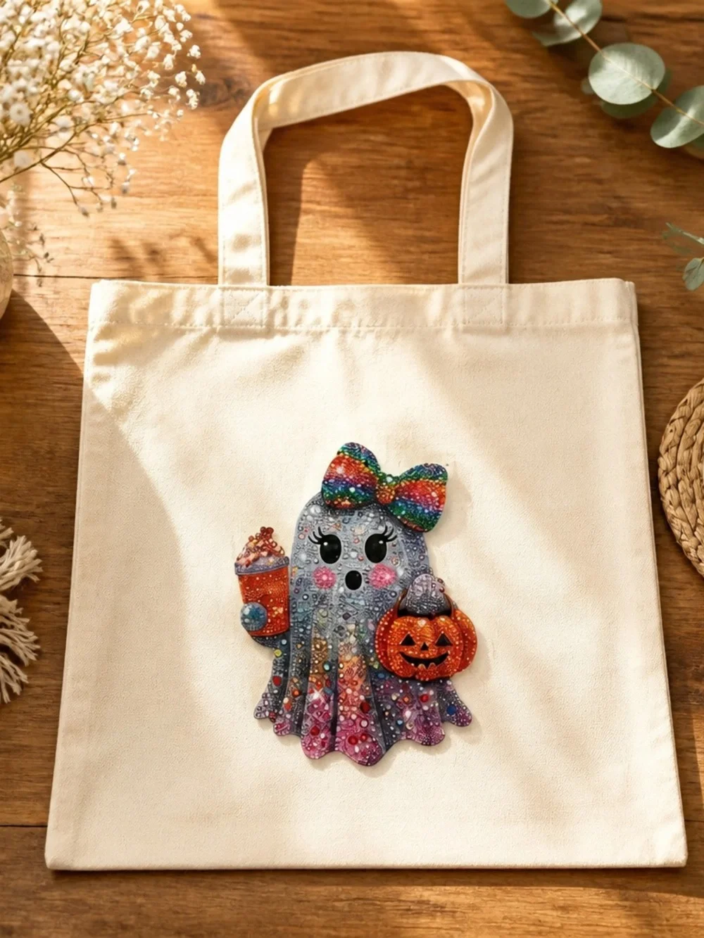 Sparkle Ghost w/ Cappuccino 100% Heavy Duty Cotton Cream Canvas Tote Bag
